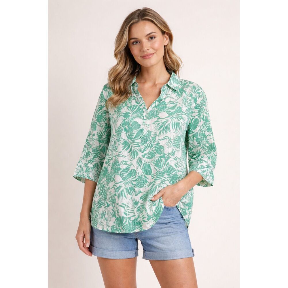 Nicole Miller Linen Tropical Blouse Green White 1X Plus Size
